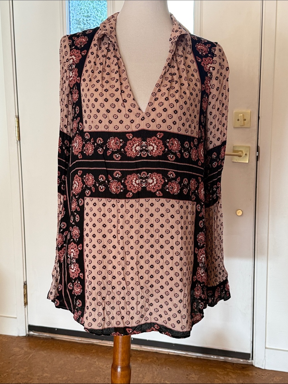 Free People Sheer Boho Floral V-Neck Tunic in Blush and Black